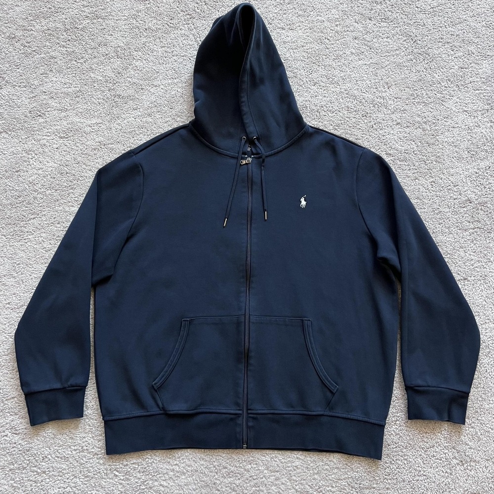 Polo Ralph Lauren Double Knit Tall Hoodie Mens 2XL Navy Full Zip Fleece Pony
